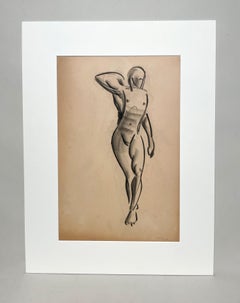 Studio di figura moderna Art Deco degli anni '30 finemente disegnato, modello di nudo maschile in piedi