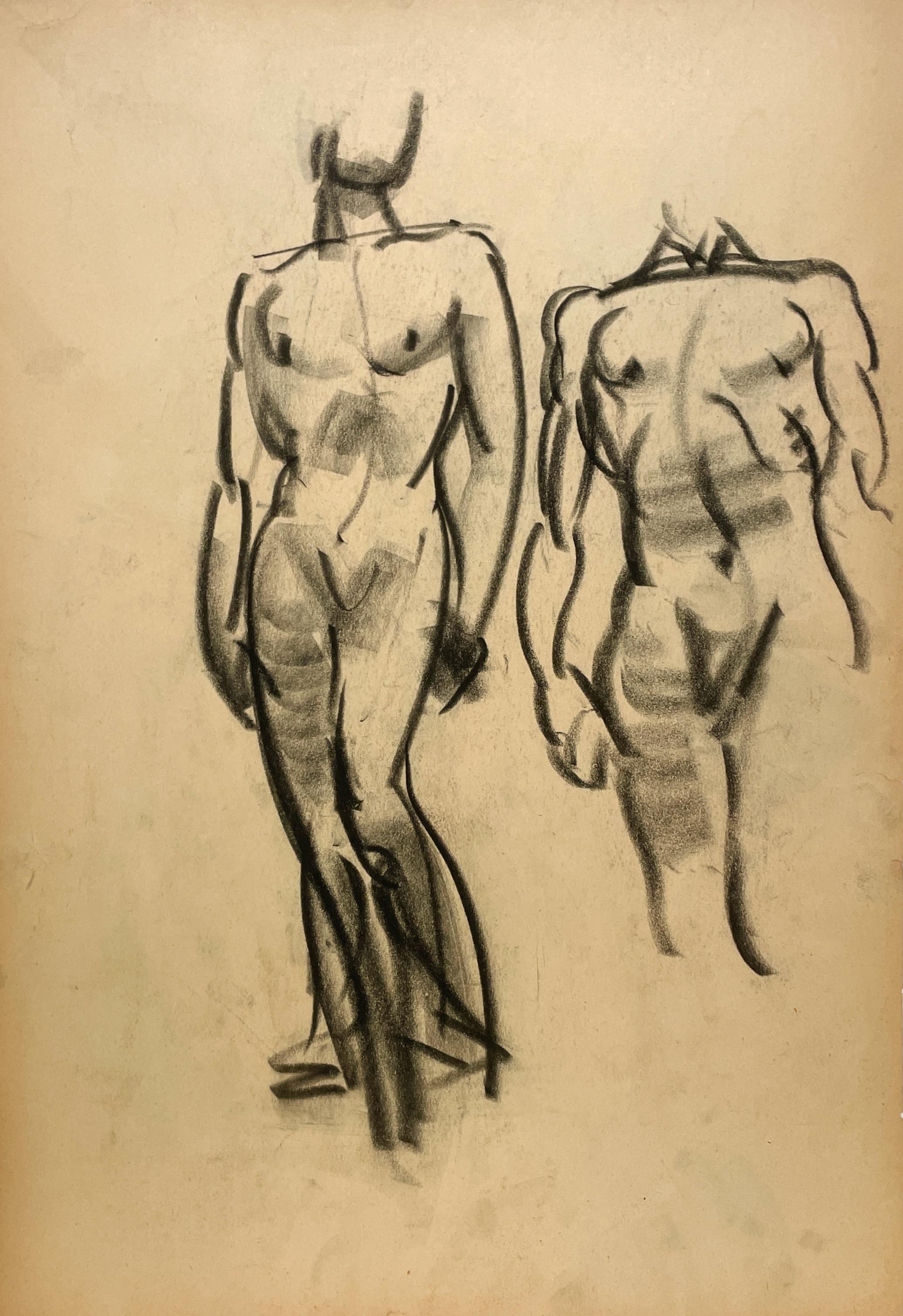 A Finely Drawn, 1930s Art Deco Modern Composite Figure Study of a Standing Male Nude Model by Notable Chicago Artist, Harold Haydon (Am. 1909-1994).   An early charcoal drawing by Haydon demonstrating his exceptional skill and confident
