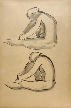 A Finely Drawn 1930s Modern Art Deco Figure Study of Seated Female Nude Models