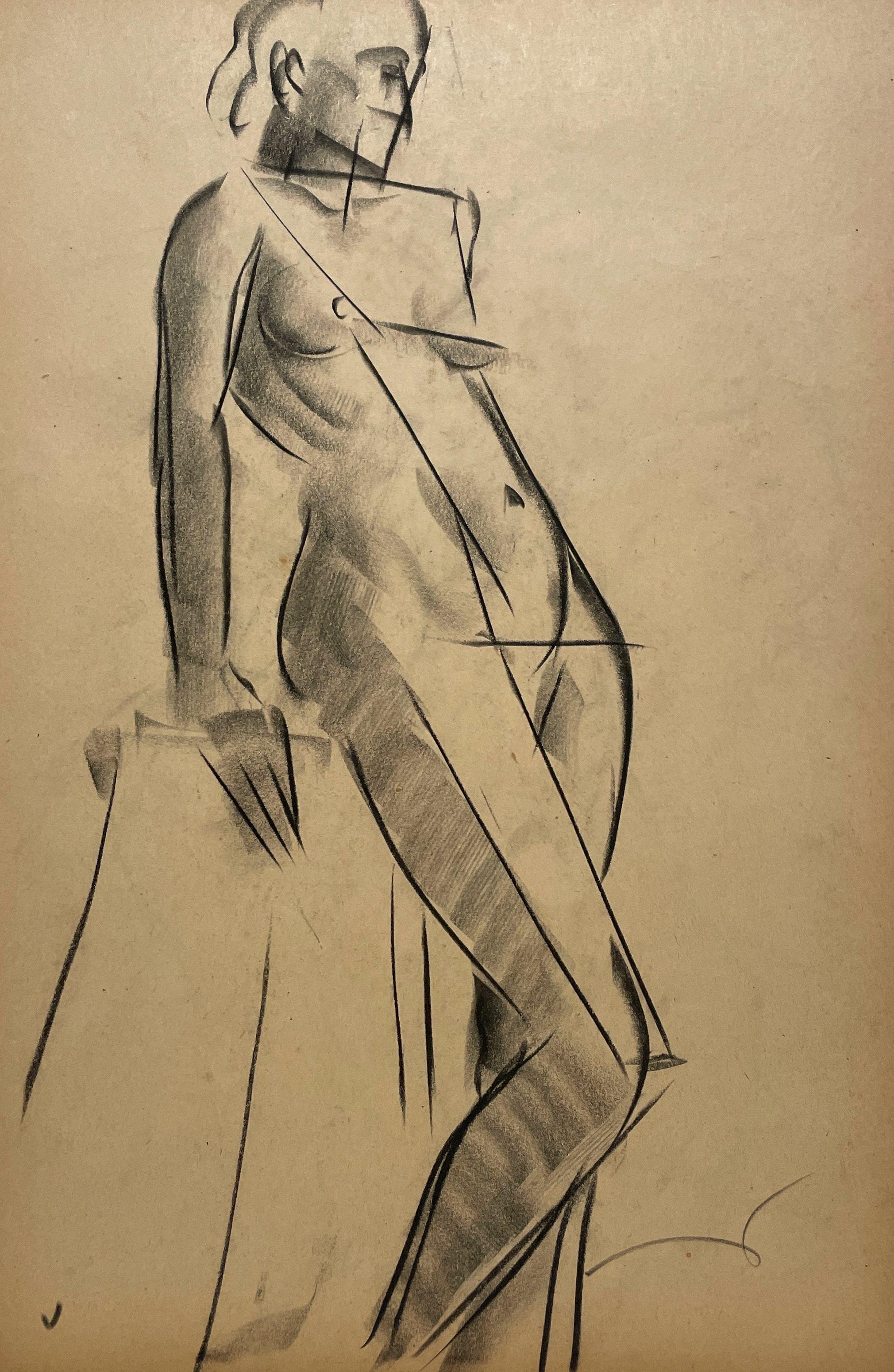 Harold Haydon Figurative Art - A Finely Drawn 1930s Cubist Modern Figure Study, Standing Female Nude Model