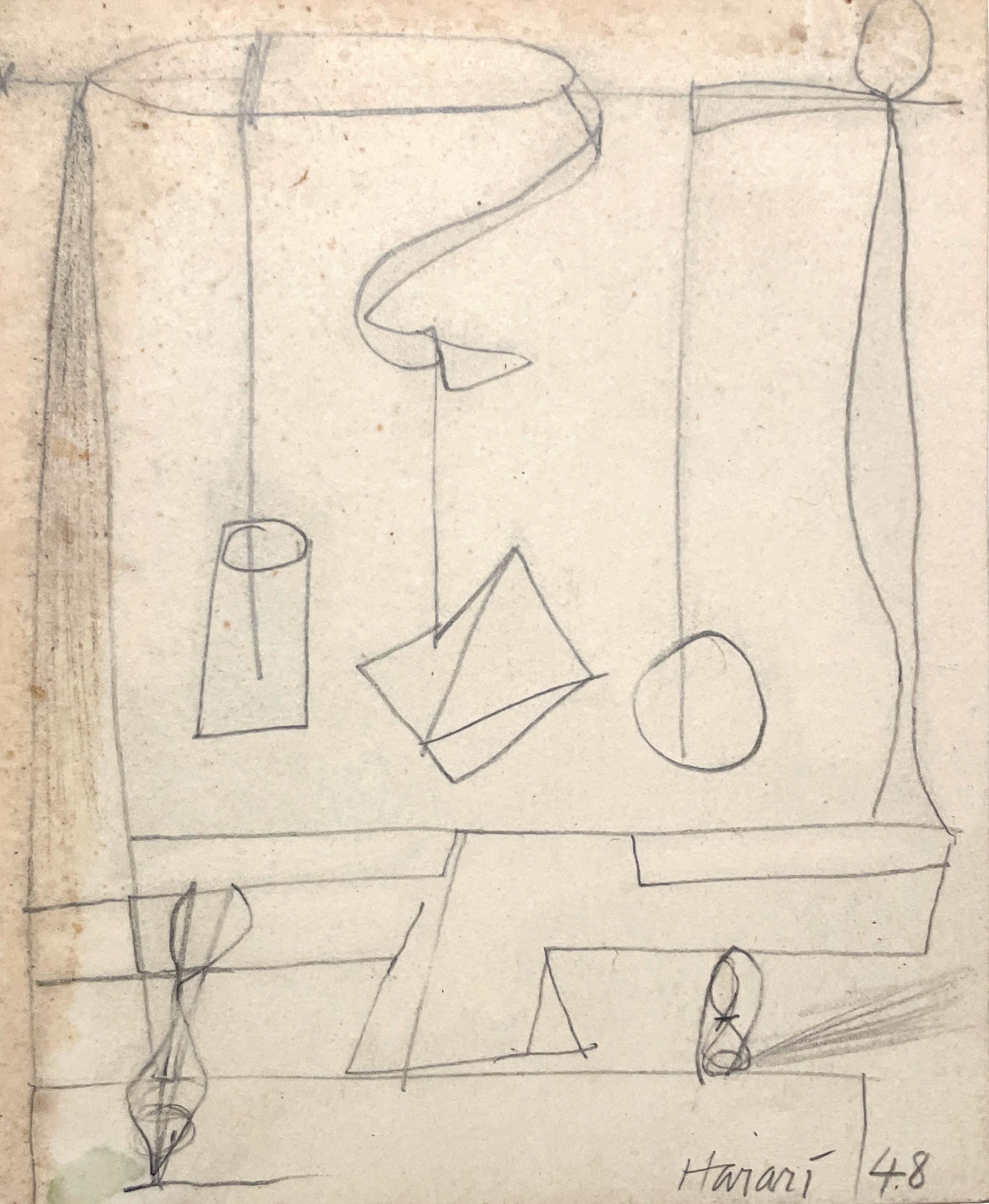A 1940s Modern Surreal Abstract Drawing "Counterweights" by Hananiah Harari