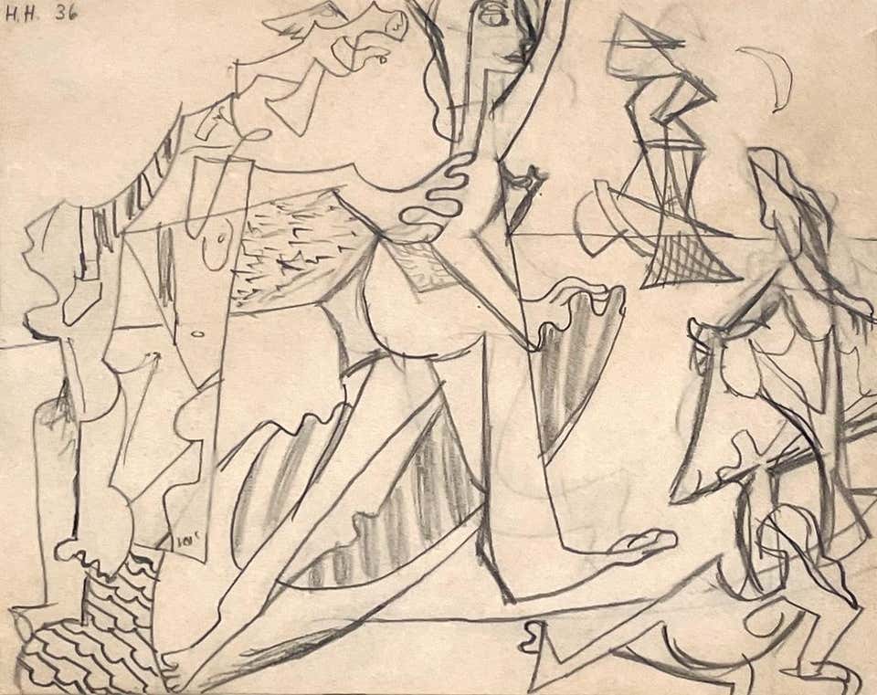 A 1930s Modern Surreal Abstract Drawing "Figure Abstract" by Hananiah Harari