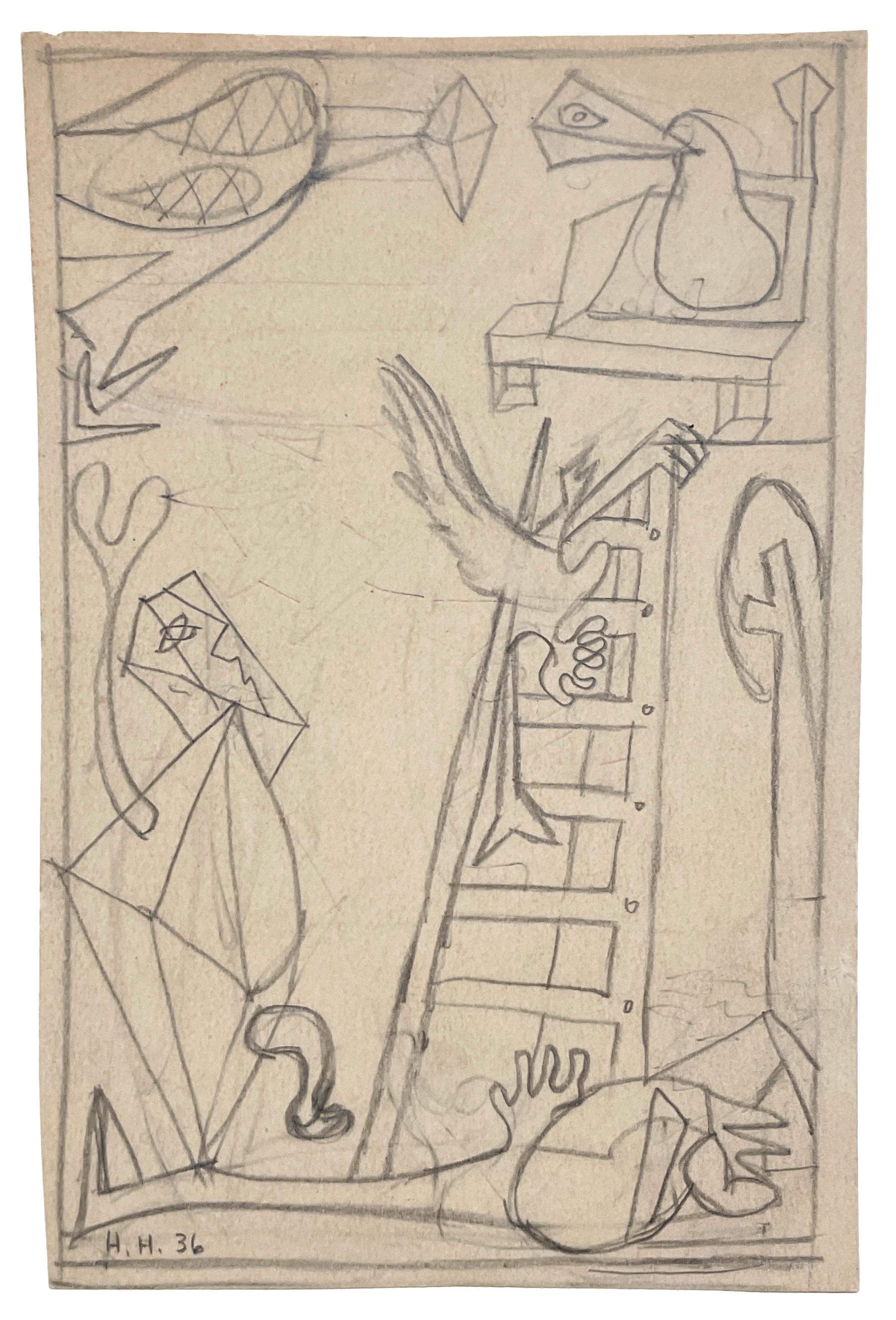 A 1930s Modern Surreal Abstract Drawing "Ladder Forms" by Hananiah Harari