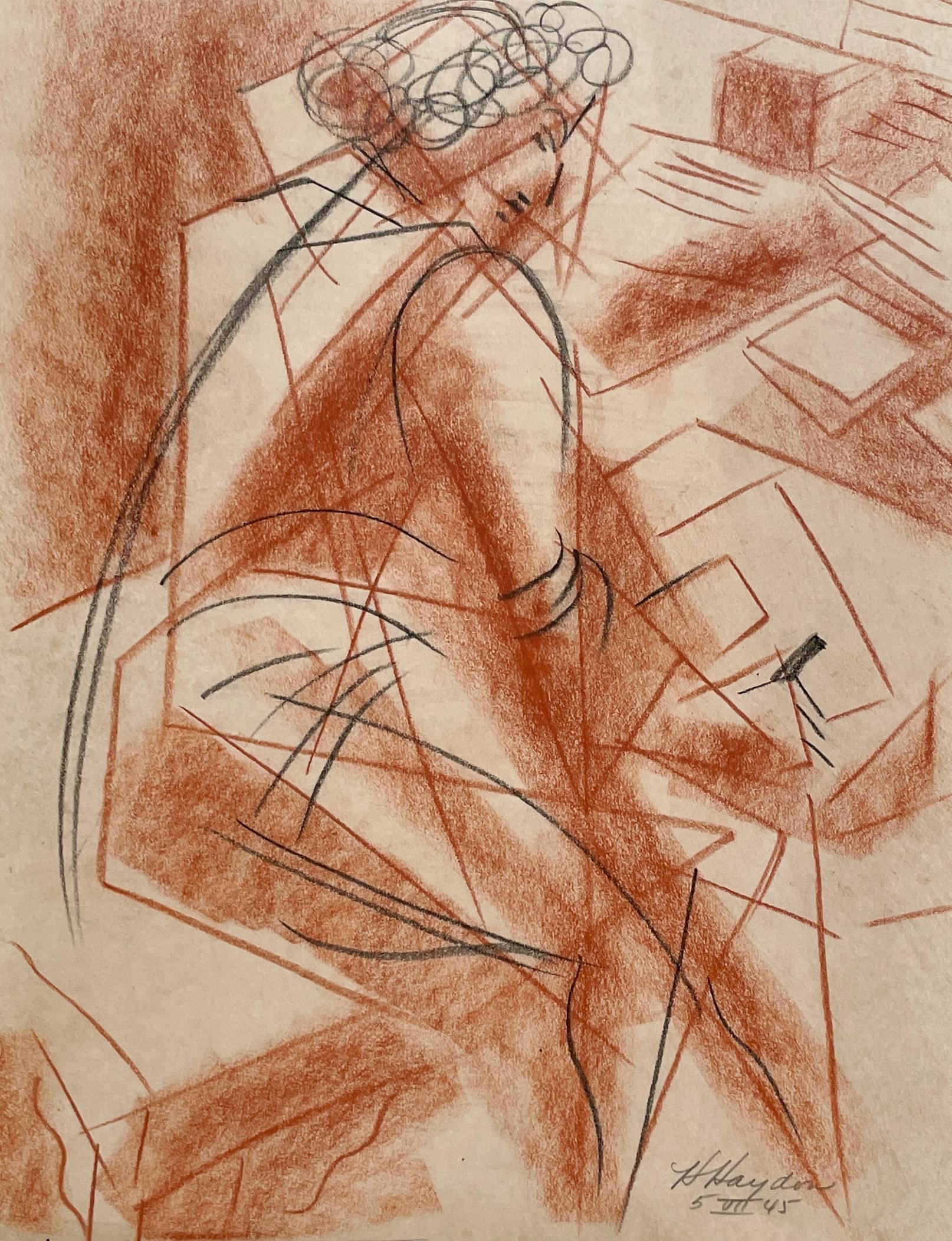 A Cubist 1940s Mid-Century Modern Drawing of a Seated Woman Artist, Sketch Class
