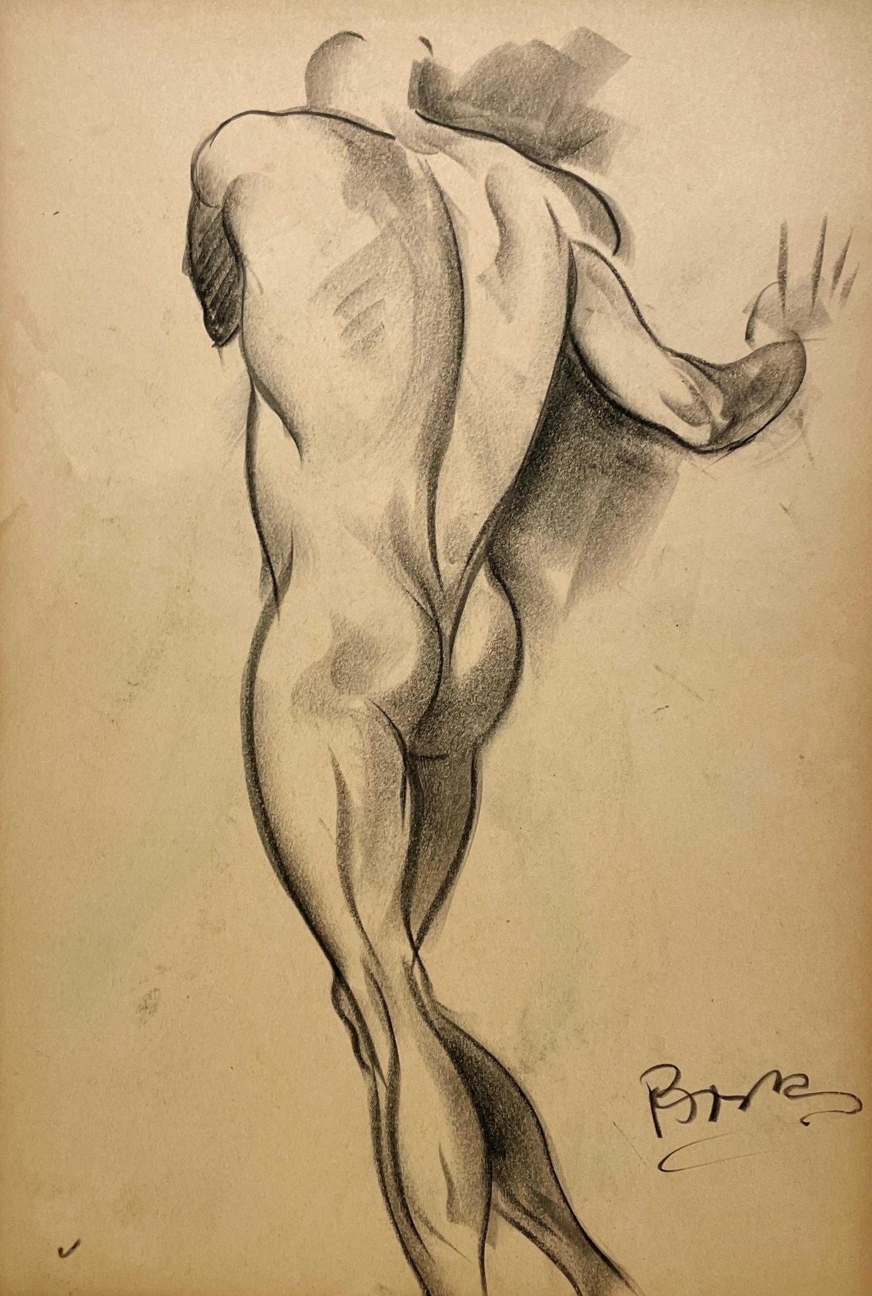 A Finely Drawn 1930s Modern Figure Study, Standing Male Nude Model, Back