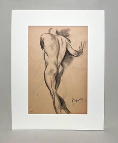 Studio di figura moderna degli anni '30 finemente disegnato, modello di nudo maschile in piedi, di schiena