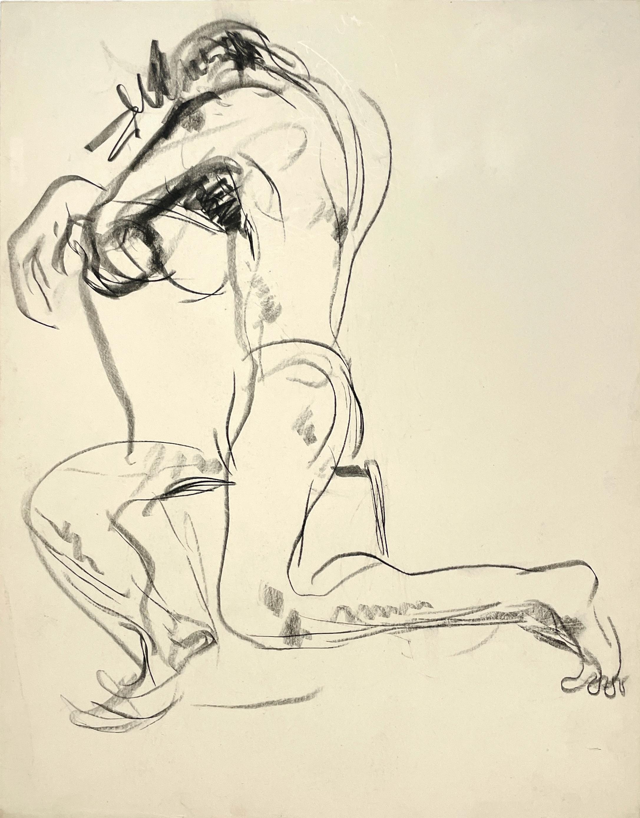A Fine, Expressive 1930s Modern Figure Study Drawing of a Seated Male Nude Model