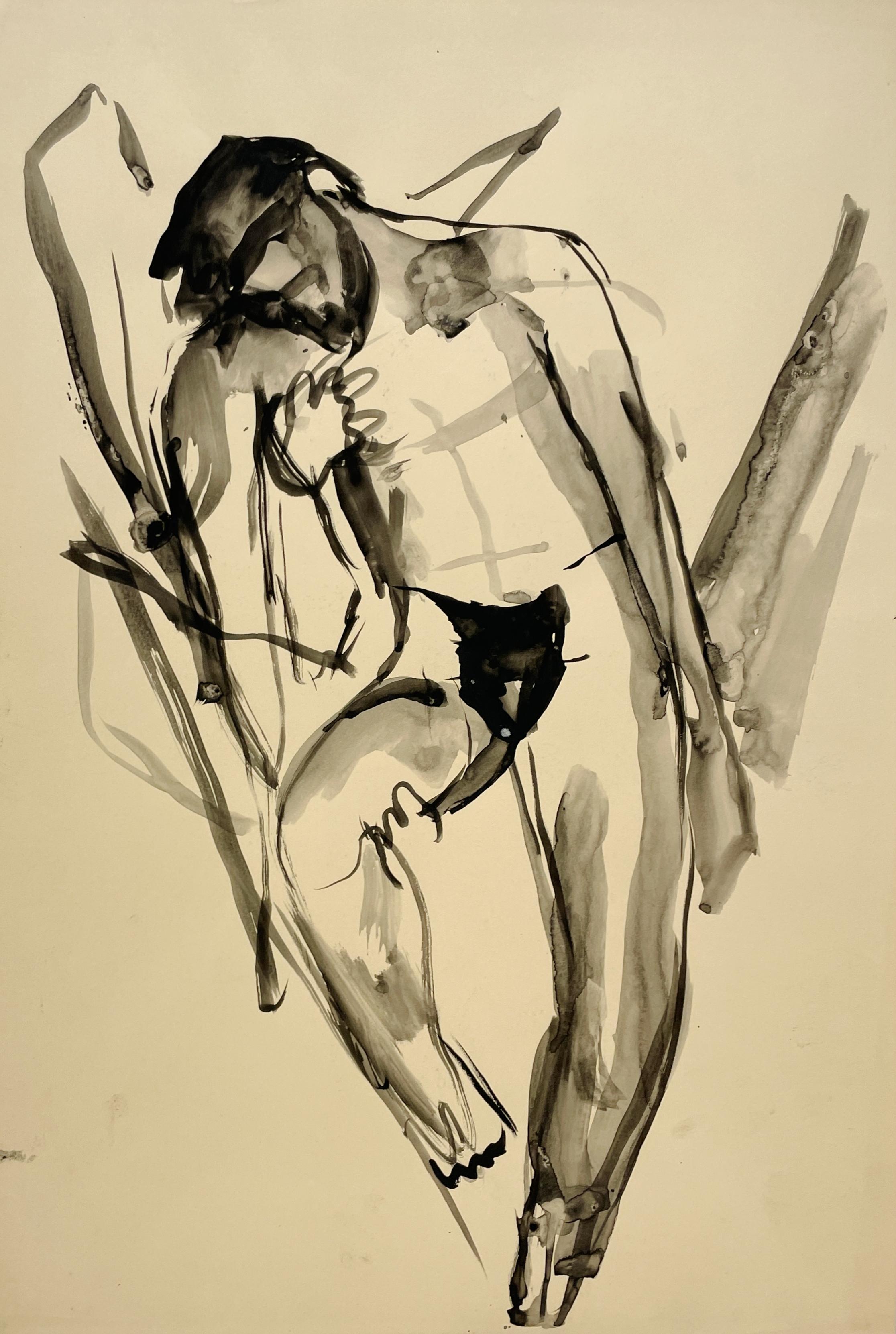 Un raffinato ed espressivo disegno di studio di figura moderna degli anni '30 di un modello di nudo maschile seduto