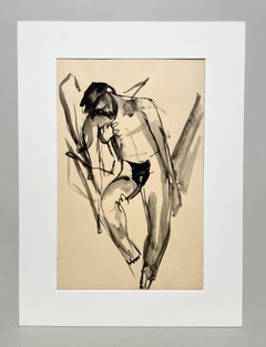 A Fine, Expressive 1930s Modern Figure Study Drawing of a Seated Male Nude Model