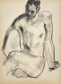 A Fine, Handsome 1930s Modern Figure Study Drawing of a Seated Male Nude Model