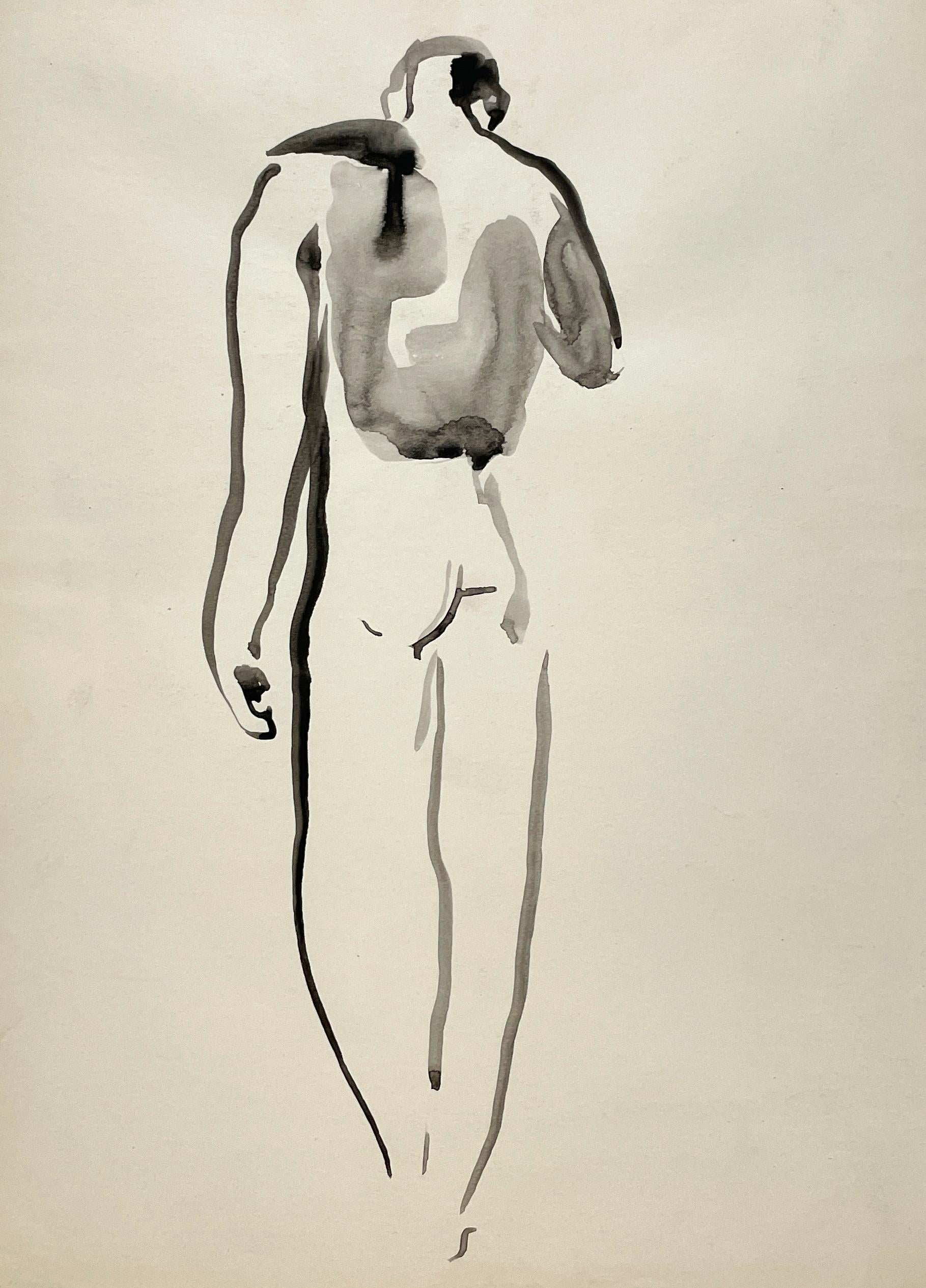 Un raffinato ed elegante disegno di studio di figura moderna degli anni '30 di un modello di nudo maschile in piedi