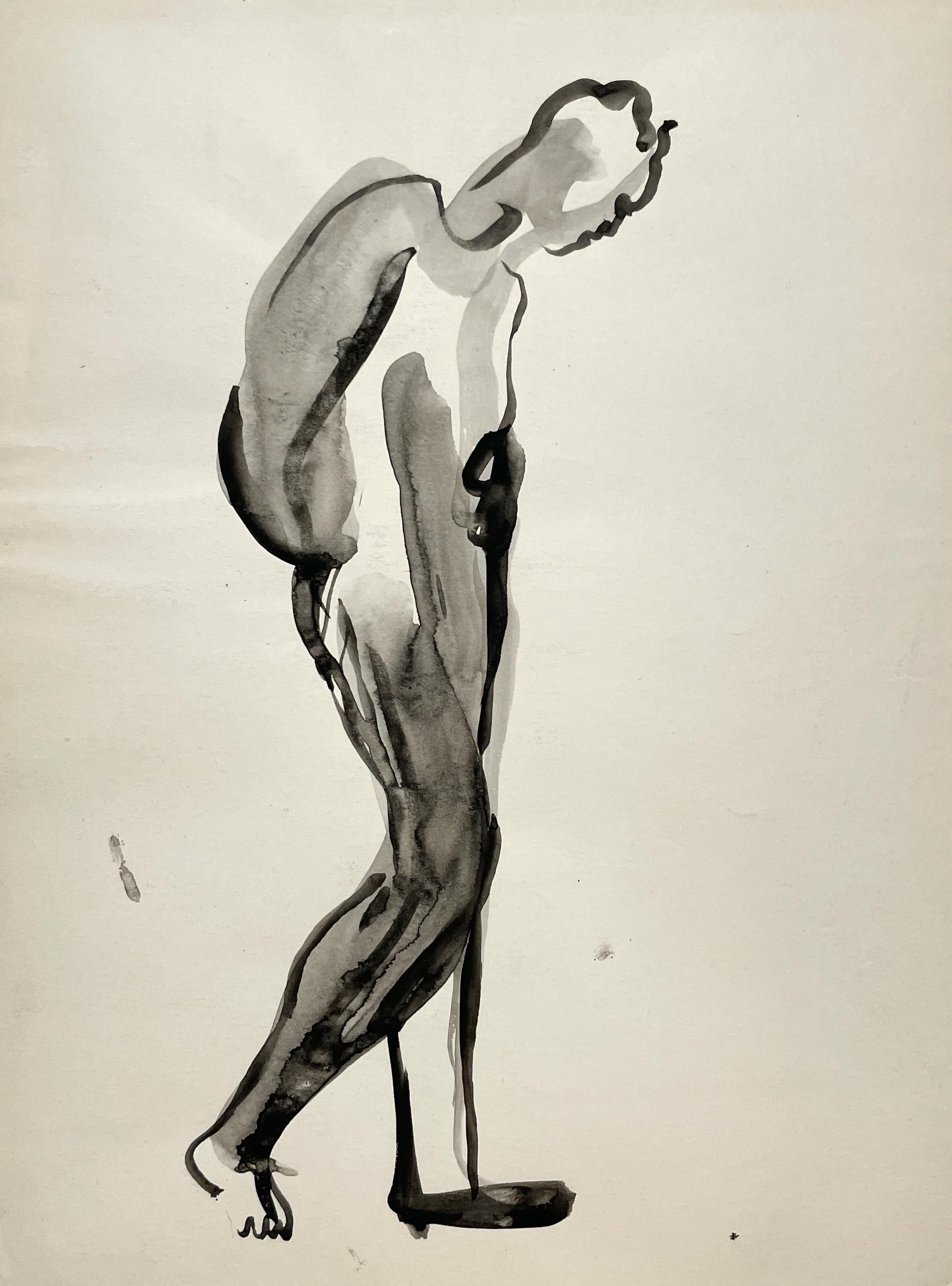 Un raffinato ed elegante disegno di studio di figura moderna degli anni '30 di un modello di nudo maschile in piedi