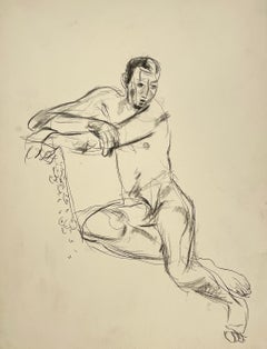 A Fine, Handsome 1930s Modern Figure Study Drawing of a Seated Male Nude Model