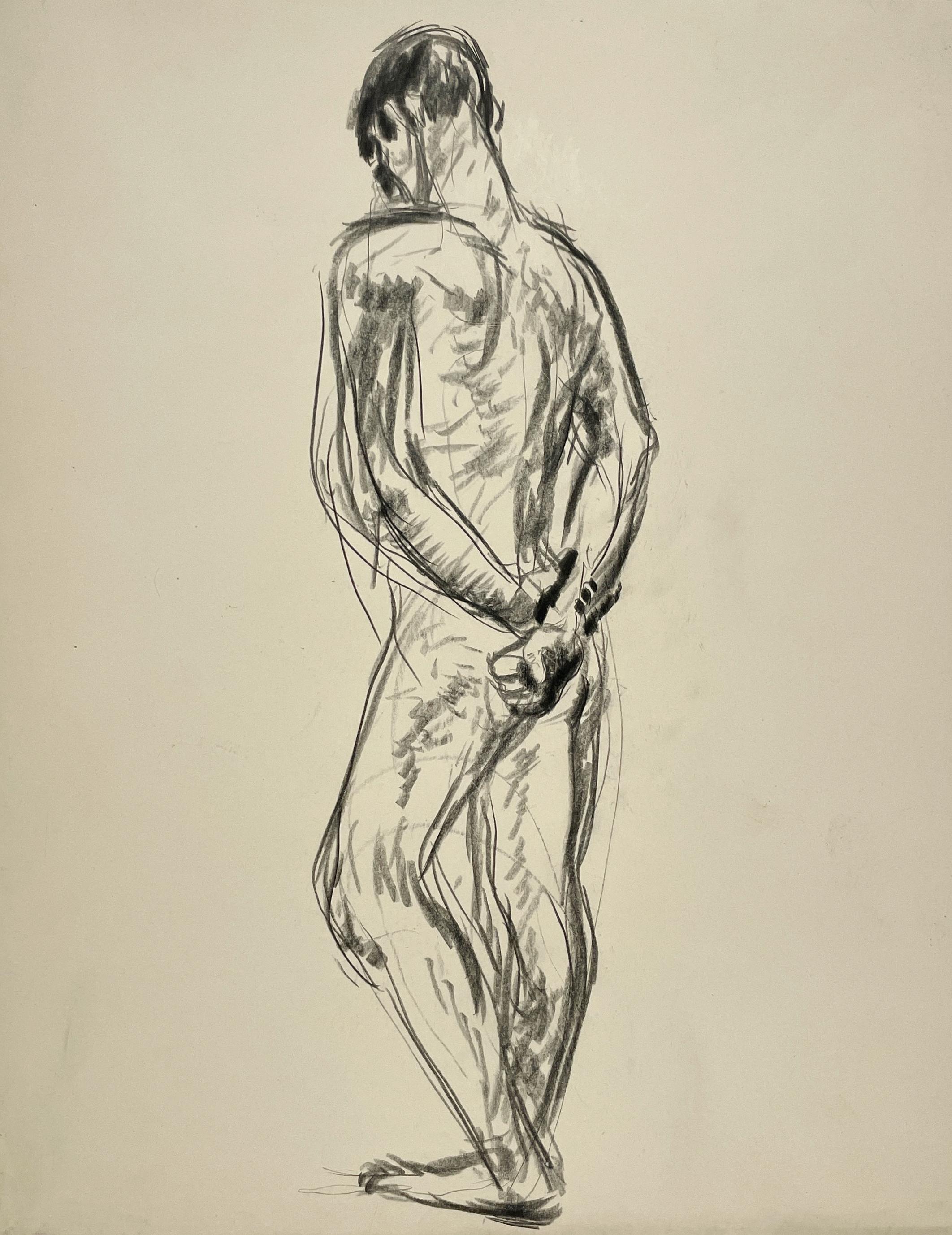 Fino y atractivo dibujo de estudio de figura moderna de los años 30 de un modelo masculino desnudo de pie