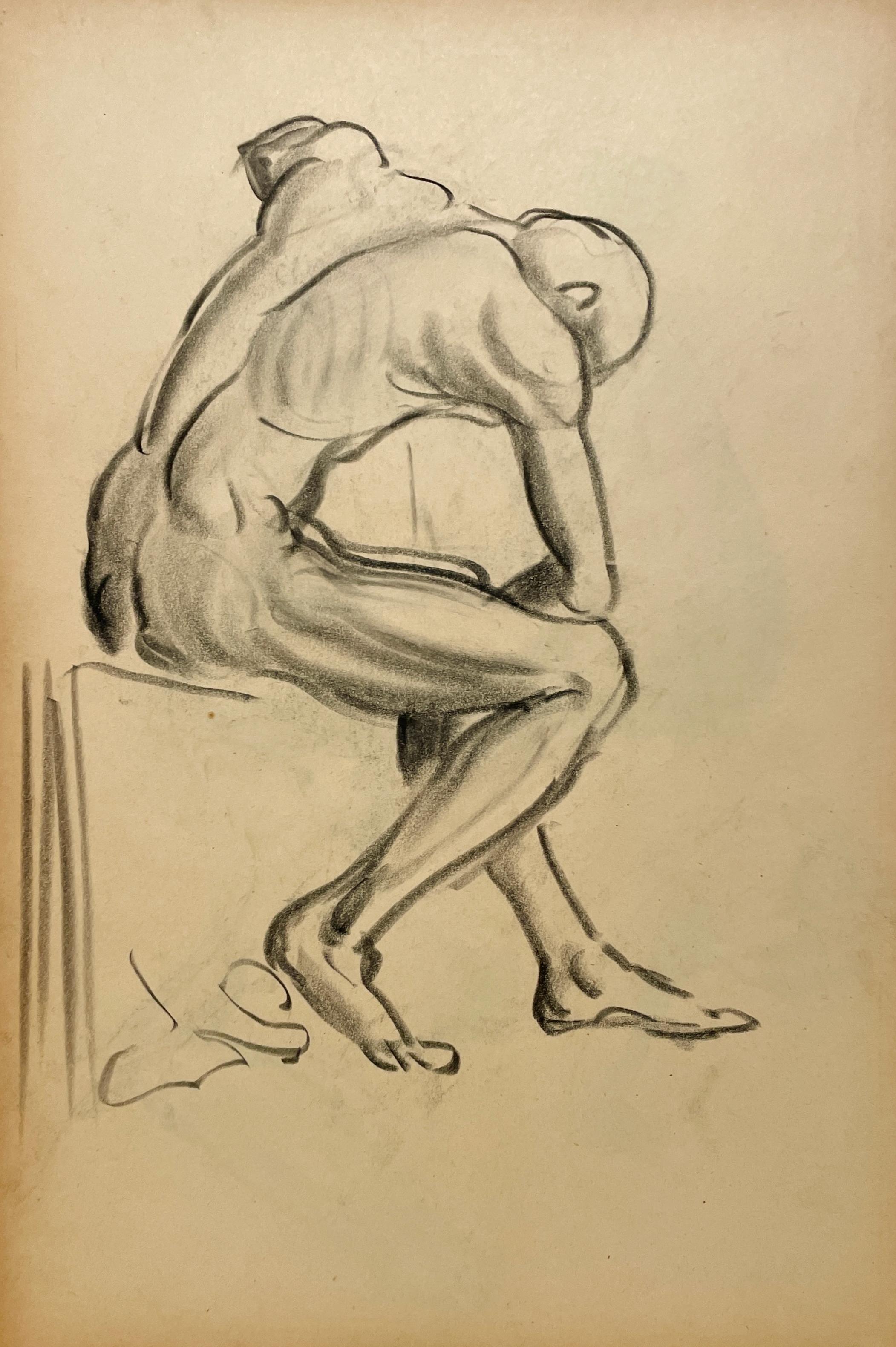 A Finely Drawn 1930s Modern Figure Study, Seated Male Nude Model (Back)