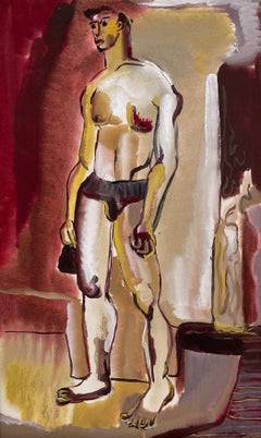 A Striking Modern 1930s Watercolor of a Standing Young Male Nude Model