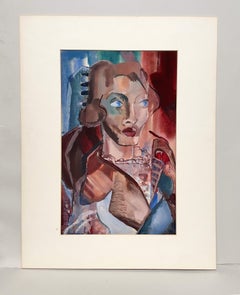 A Striking 1930s Modern Watercolor Portrait of a Young Female Model, "Blue Eyes"