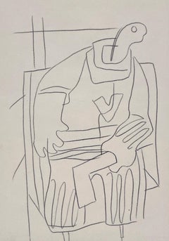 A Striking 1930s Modern Abstract Sporting-Themed Drawing, Hockey Player (Goalie)