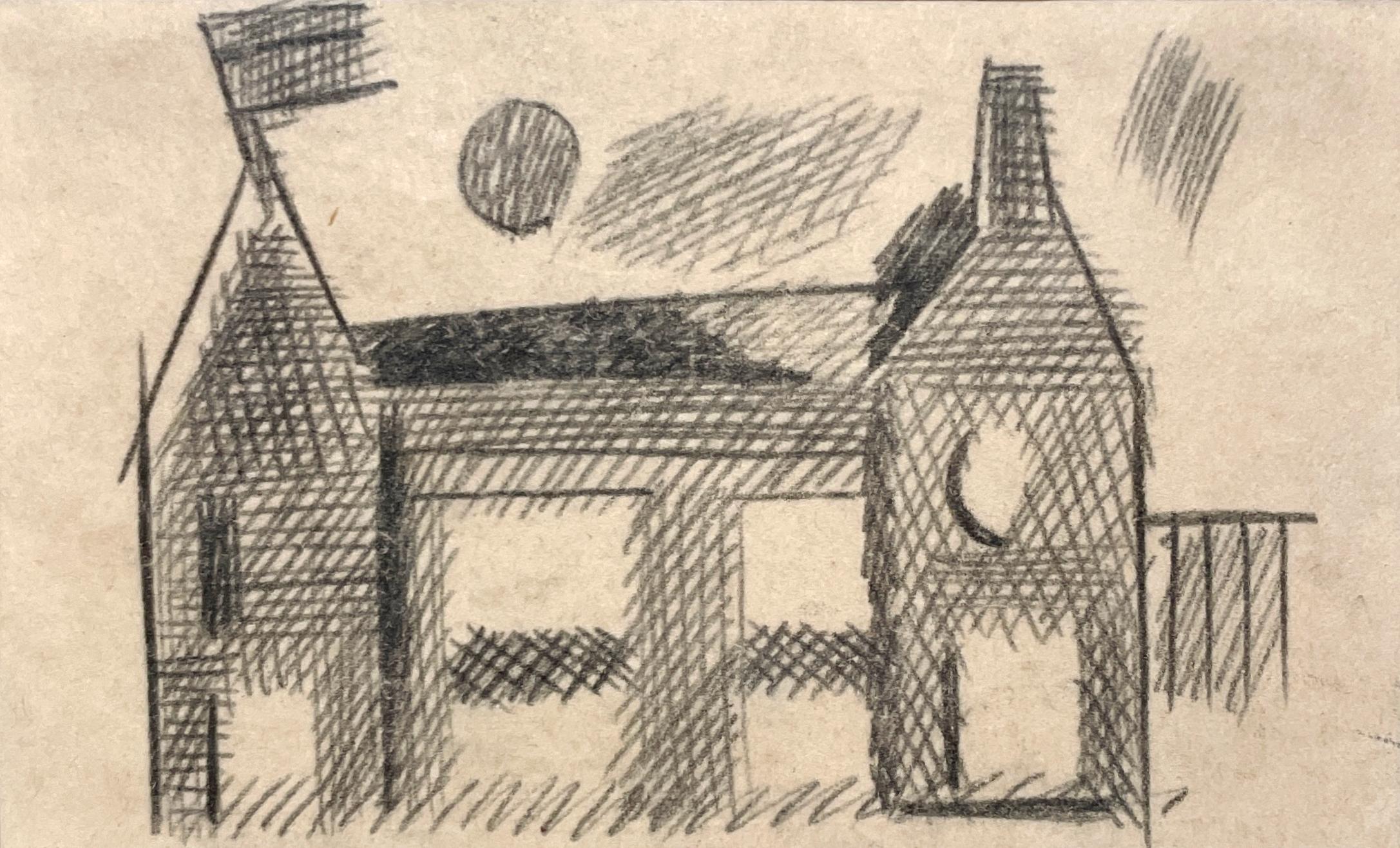 A Charming 1930s Cubist Modern Architectural Study Drawing, Building Facade