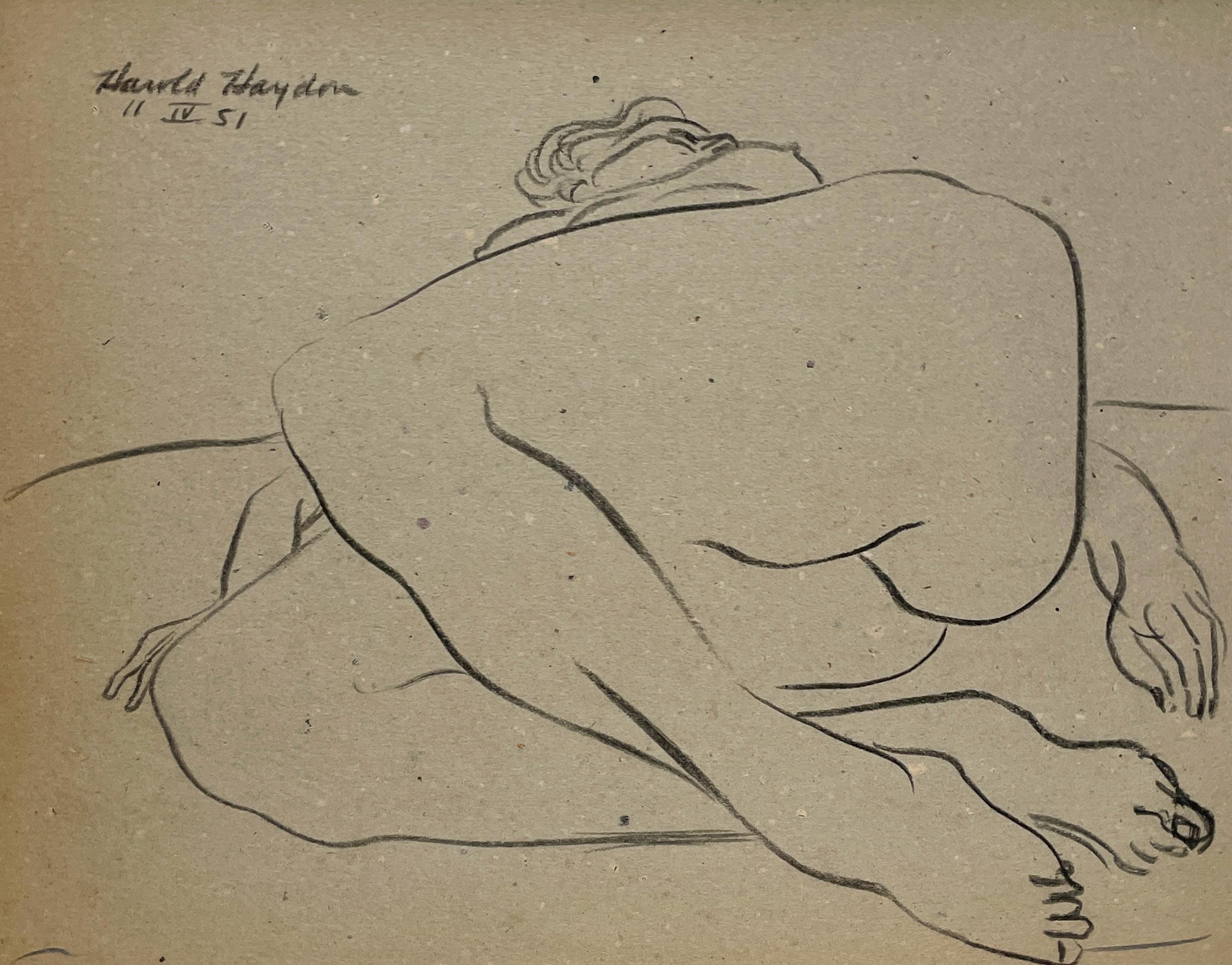 Harold Haydon Figurative Art - A Stylized, 1950s Mid-Century Modern Studio Figure Study, Reclining Female Nude