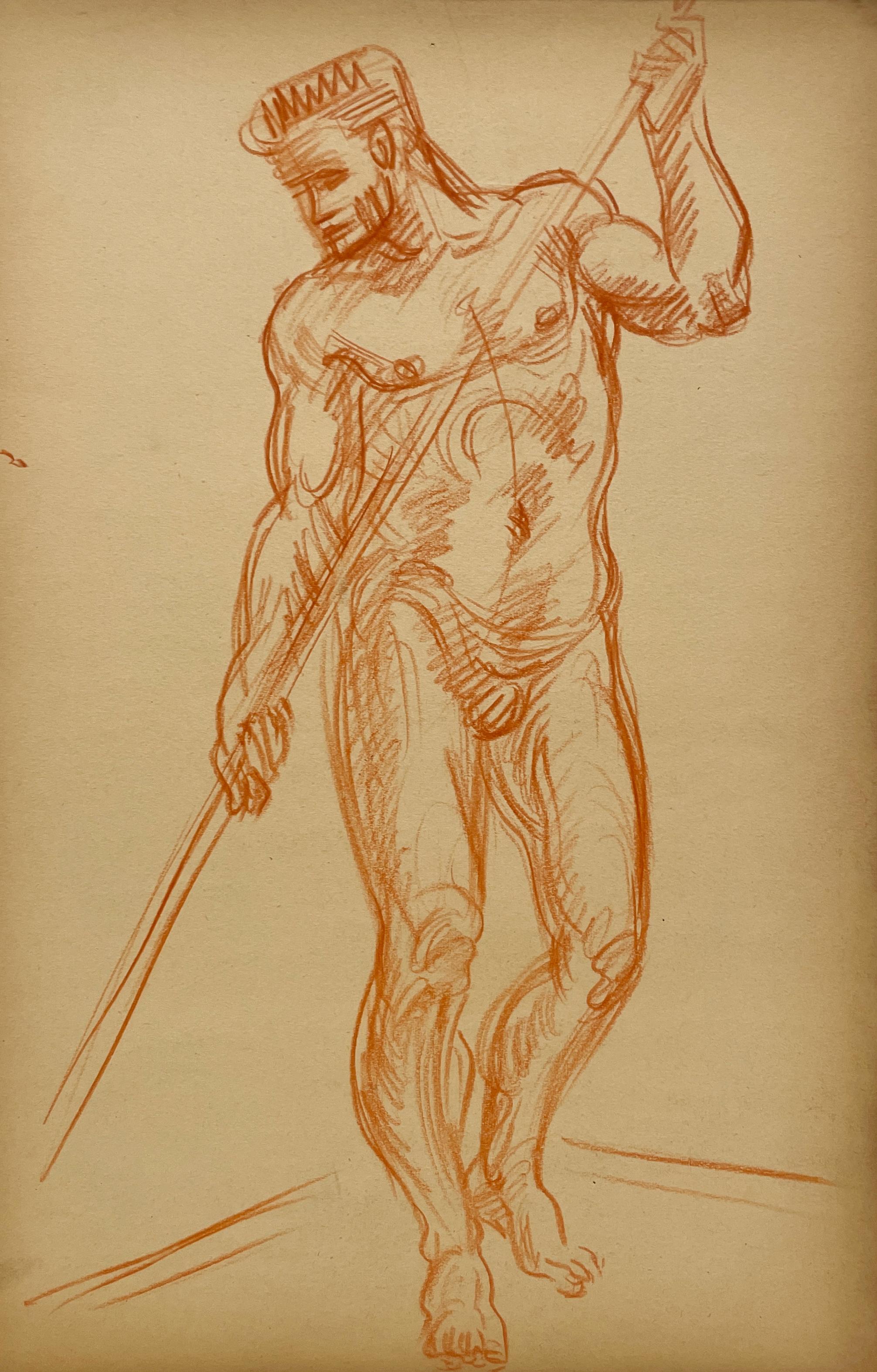 Étude de figure finement dessinée, datant des années 1950 et du milieu du siècle dernier, modèle de nu masculin debout