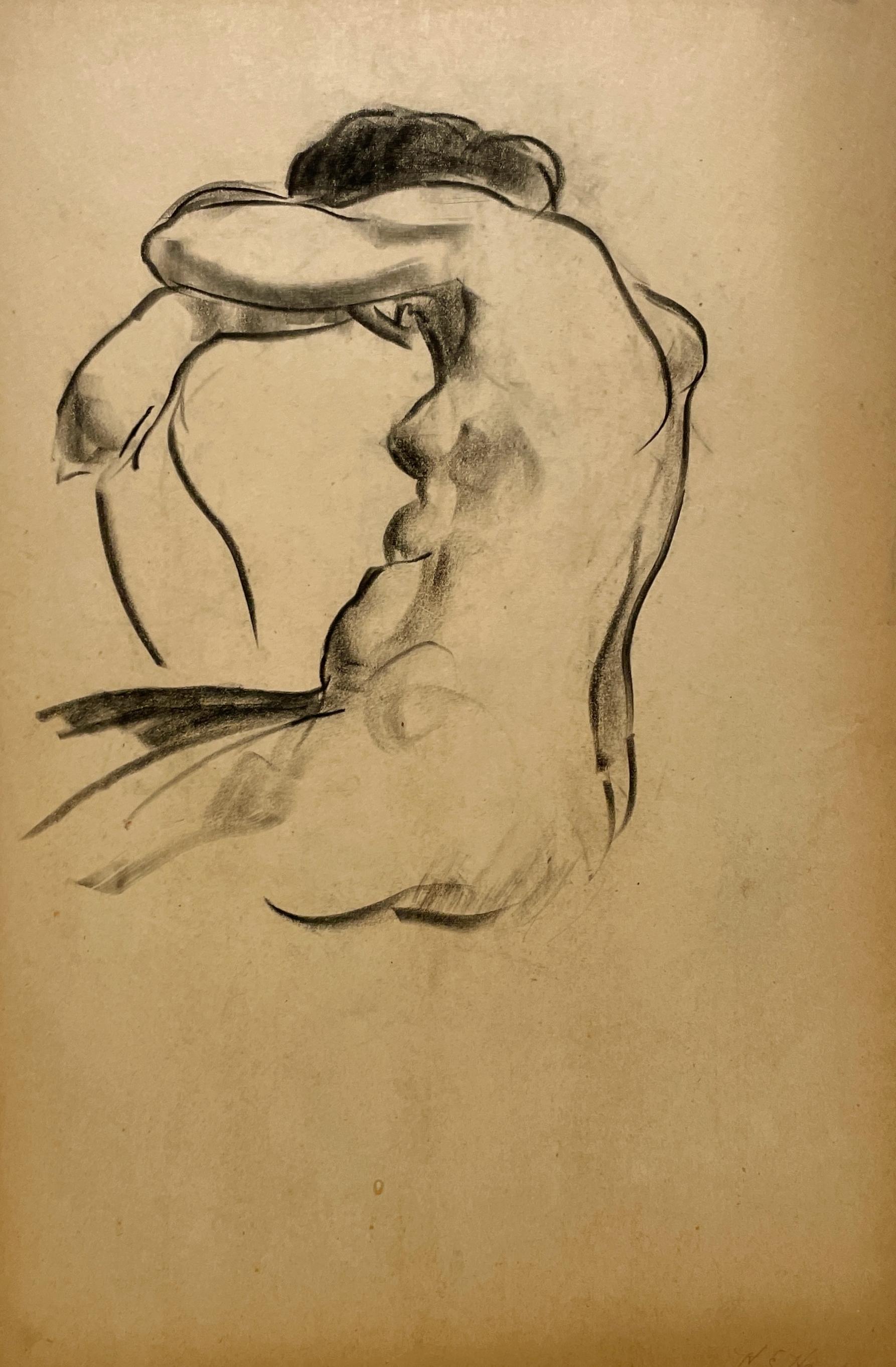 A Finely Drawn, 1930s Art Deco Modern Figure Study of a Seated Young Female Nude Model by Notable Chicago Artist, Harold Haydon (Am. 1909-1994).   An early charcoal drawing by Haydon demonstrating his exceptional artistic skill and confident