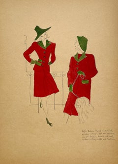 A Stylish Vintage 1940s Fashion Study, Design for a Woman's Hat, Suit and Coat