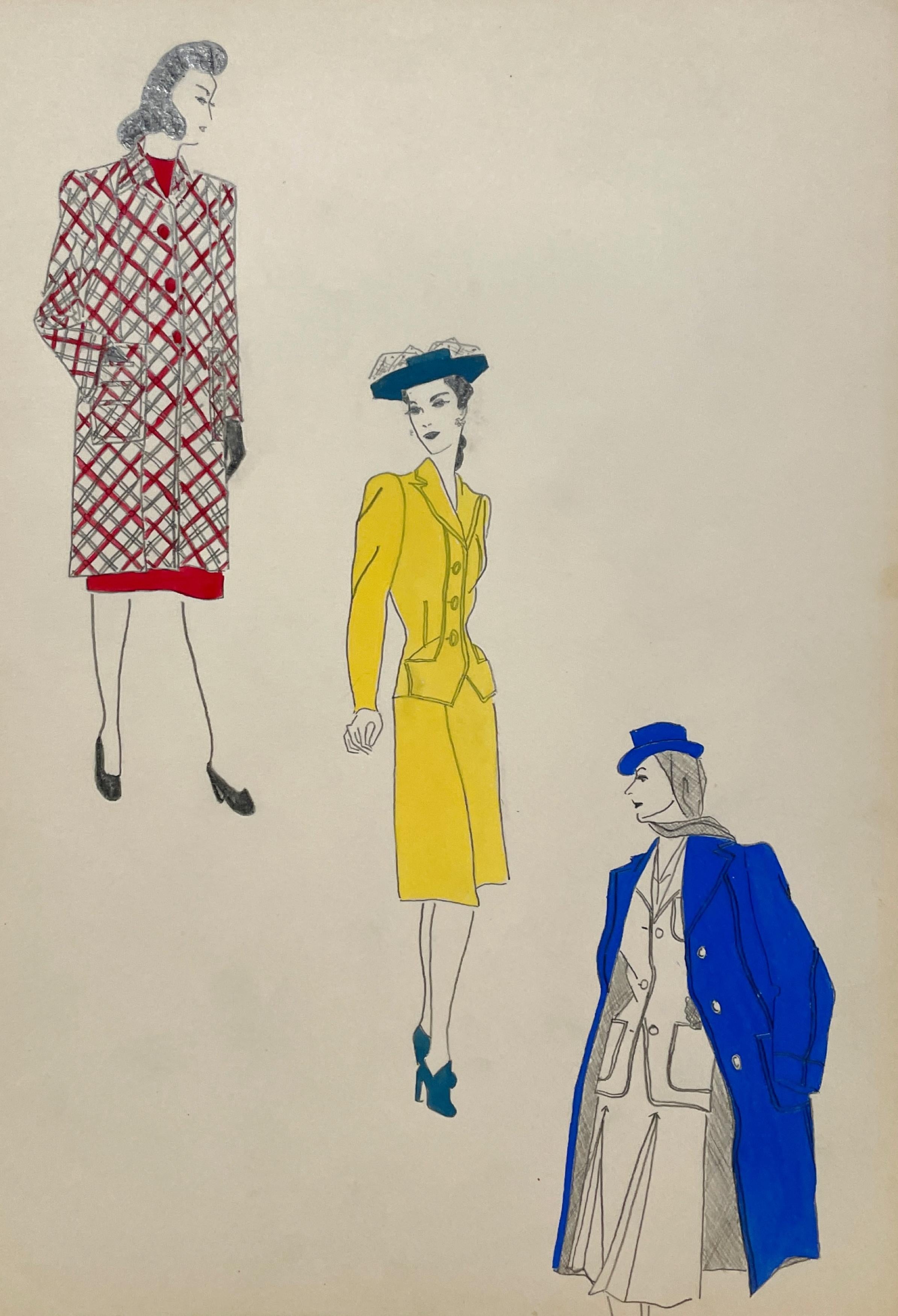 A Stylish Vintage 1940s Fashion Study, Designs for Women's Hat, Suit and Coat