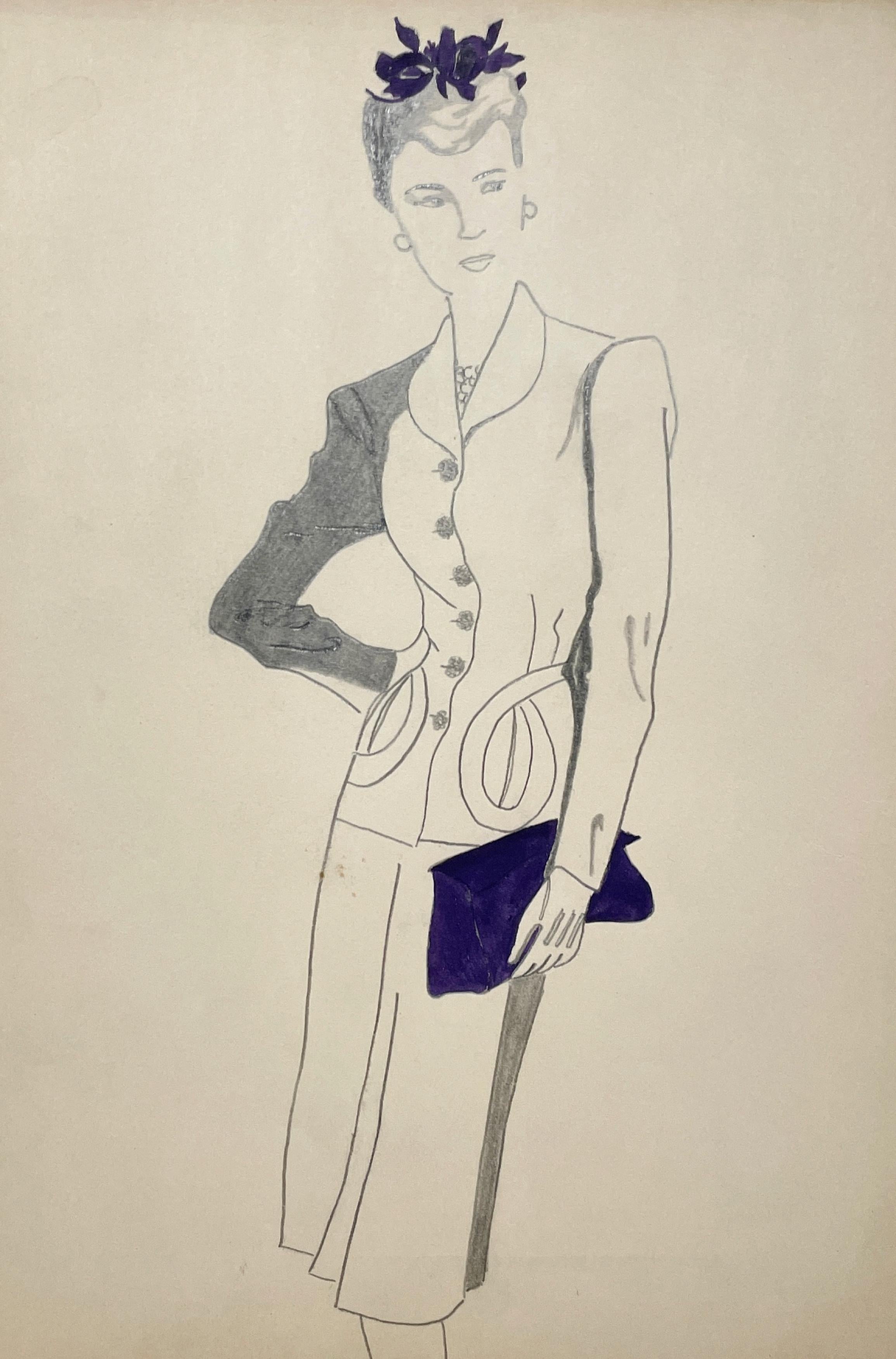 A Striking, Vintage Early 1940s Fashion Study, Woman with a Suit, Hat & Purse