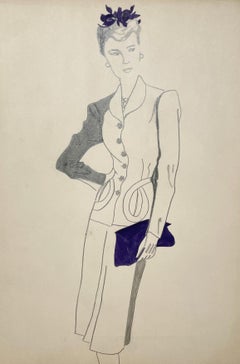Étude de mode du début des années 1940, femme en tailleur, avec chapeau et sac à main.