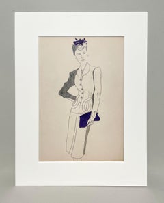 Étude de mode du début des années 1940, femme en tailleur, avec chapeau et sac à main.