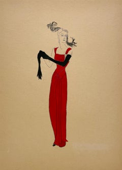 Eine stilvolle Mode-Studie im Vintage-Stil der 1940er Jahre, Design für ein rotes Abendkleid für Frauen