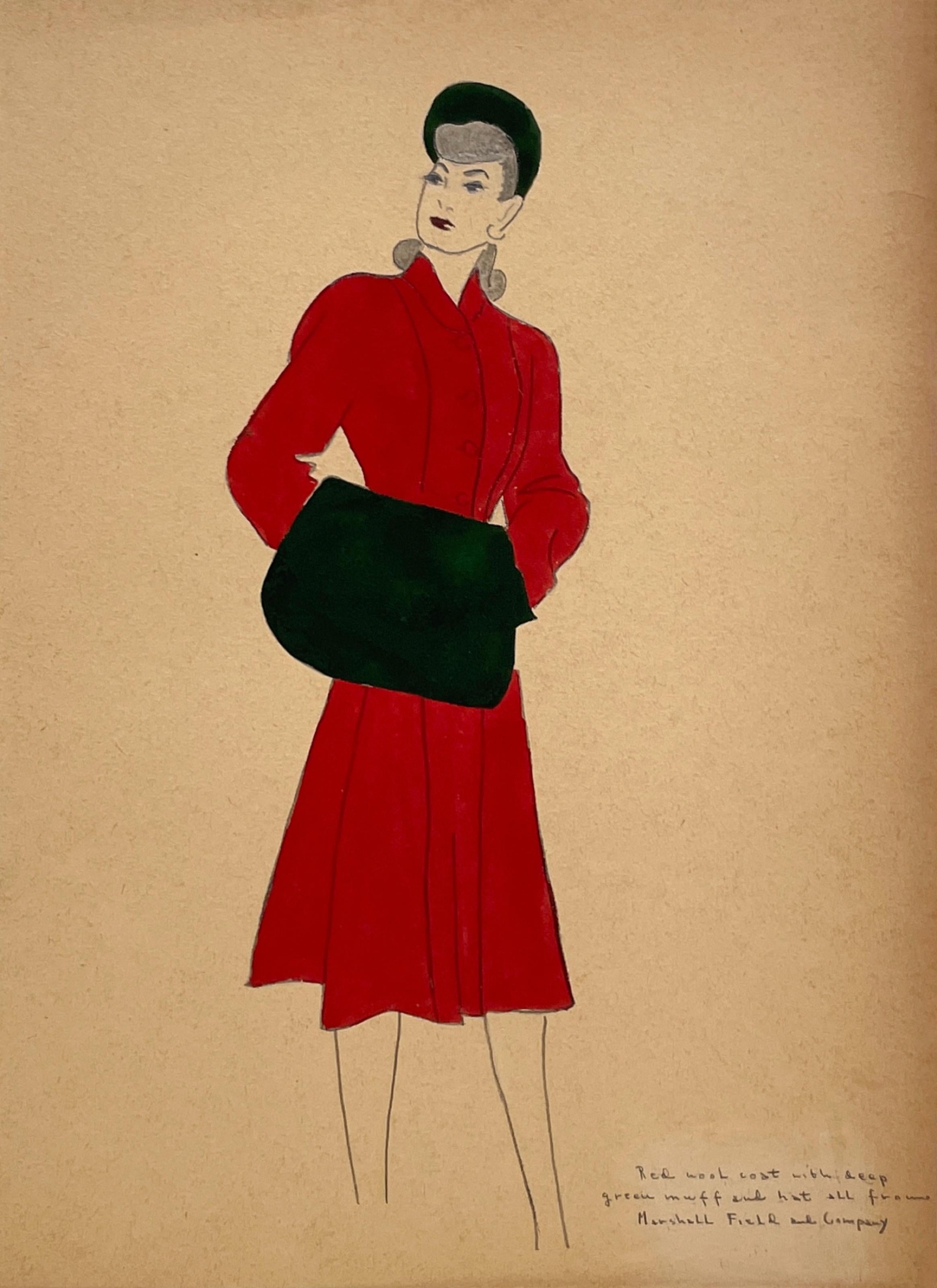 A Stylish, Vintage 1940s Woman's Fashion Design Study, Marshall Field & Co.