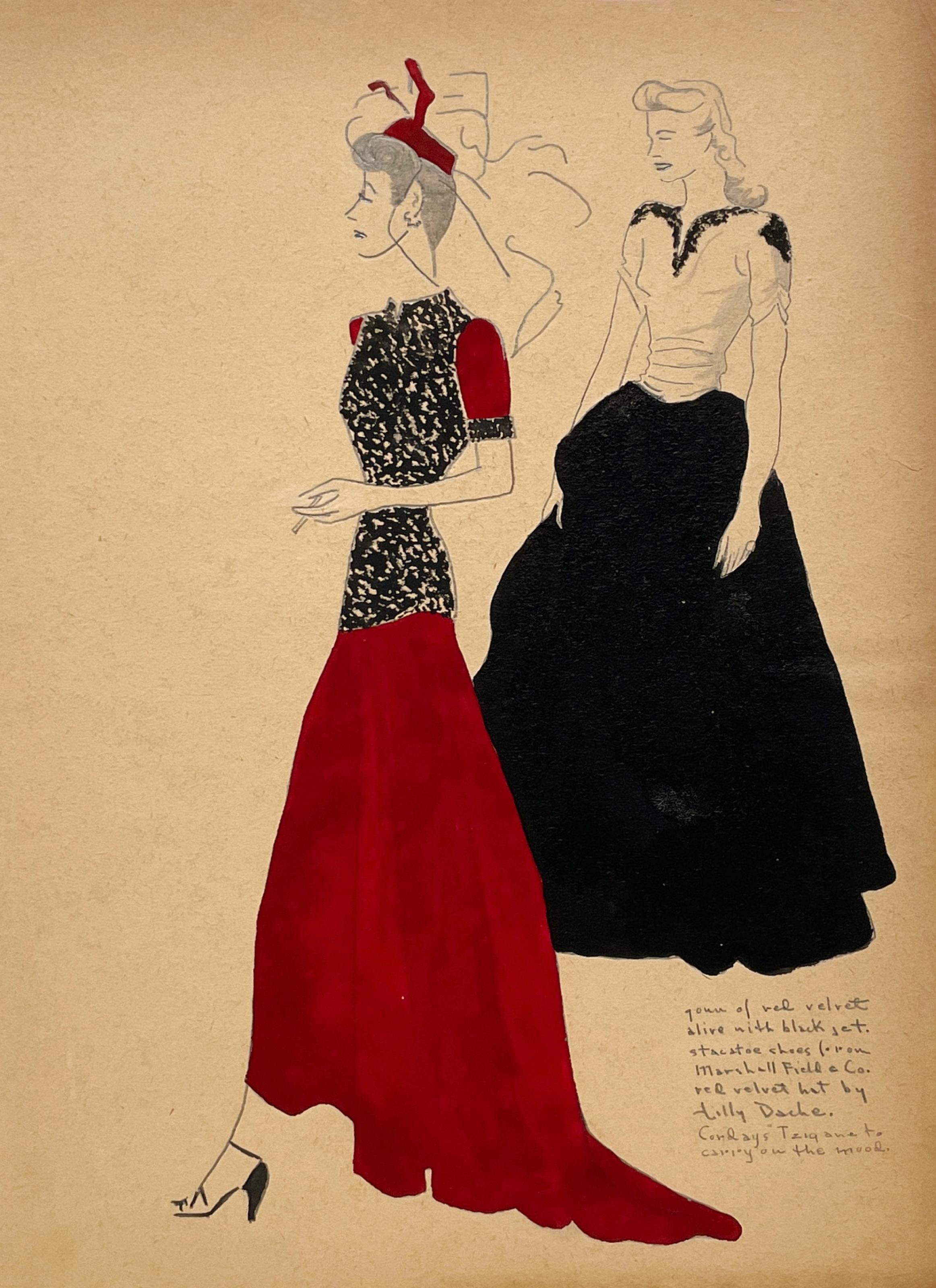 A Stylish, Vintage 1940s Woman's Fashion Design Study, Marshall Field & Co.