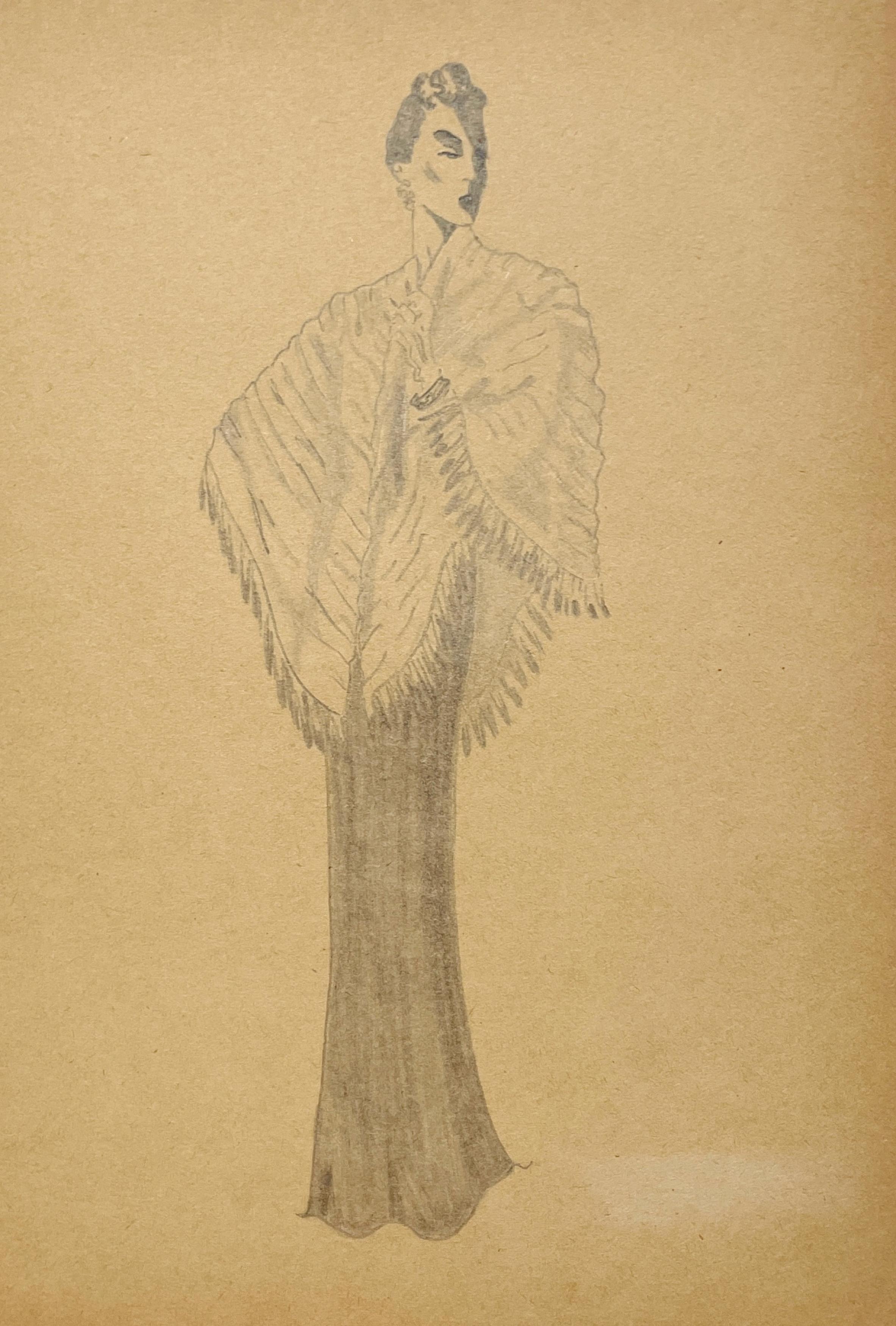 Un elegante studio di moda da donna vintage degli anni '40, un design per abiti da sera formali