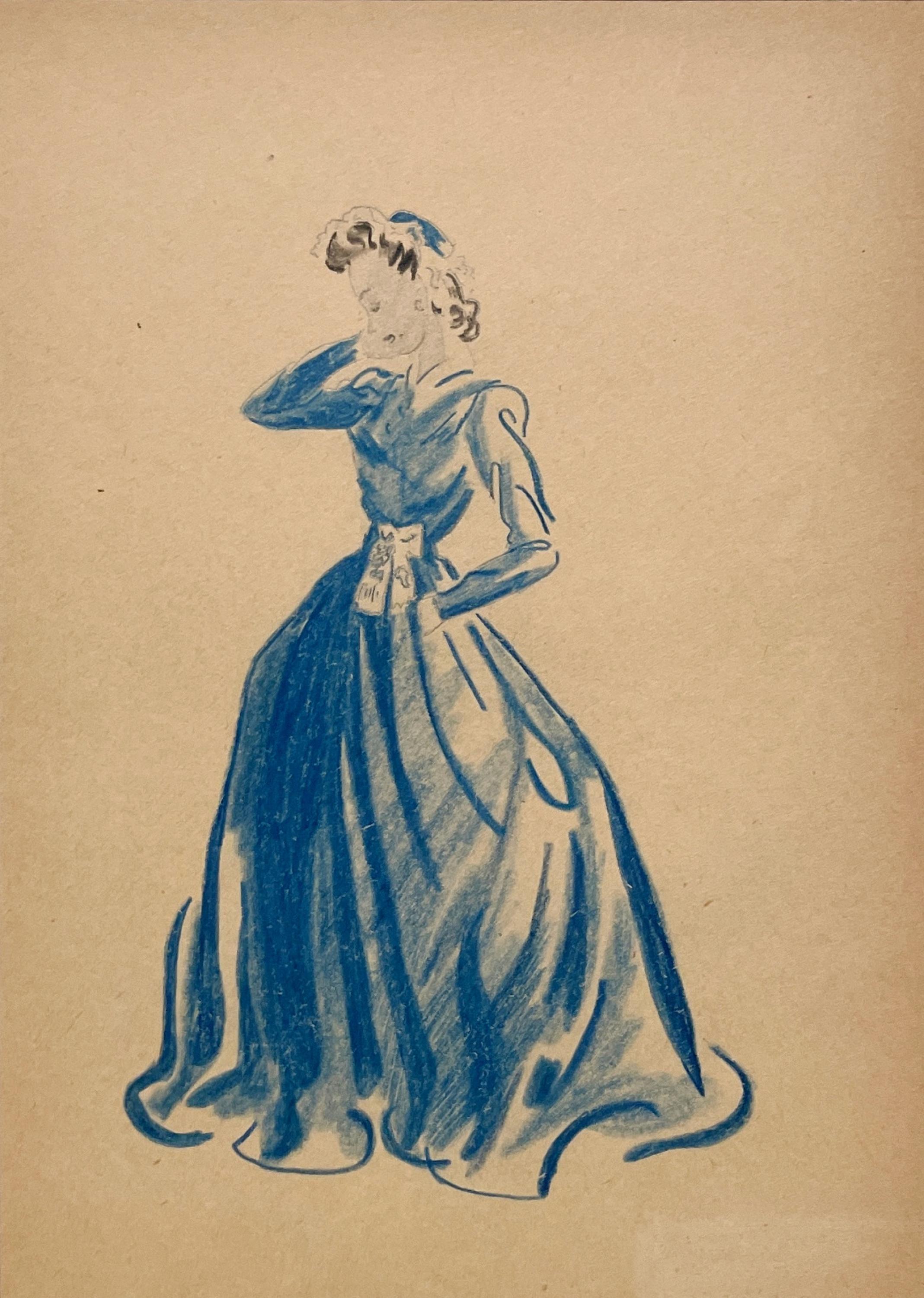A Stylish, Vintage 1940s Woman's Fashion Study, Design for a Formal Evening Gown