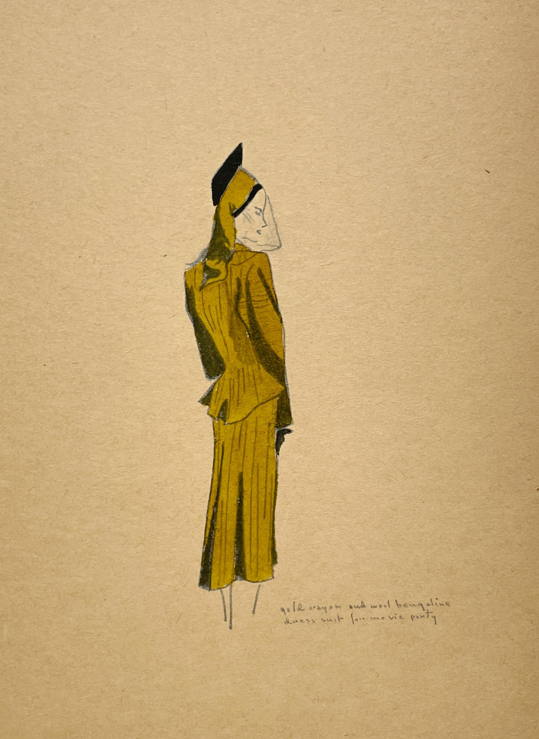 Un elegante studio di moda vintage anni '40, design per abito rosso da donna, abbigliamento da sera