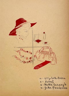 Étude de mode d'une femme élégante du début des années 1940 mettant en valeur les produits cosmétiques Elizabeth Arden