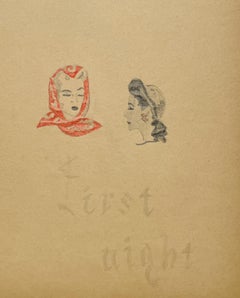 A Stylish, Vintage 1940s Woman's Fashion Design Study, Hat & Scarf, First Night