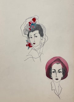 A Stylish Vintage 1940s Fashion Study, Design for Women's Hats