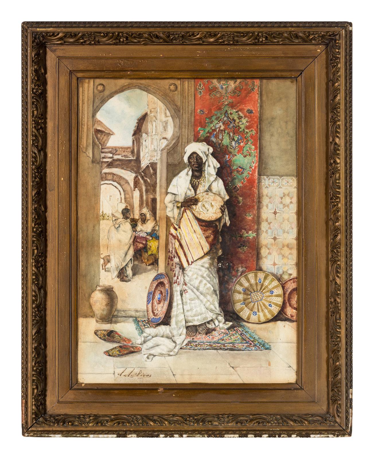 Antonio Rivas Interior Art - Antique 19th Century Realism Orientalist Watercolor Paper on Board