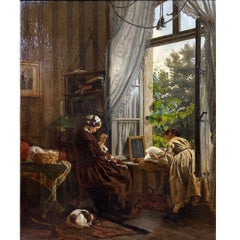 "Spring at Window" 18th Century Antique realism Watercolor painting on Paper