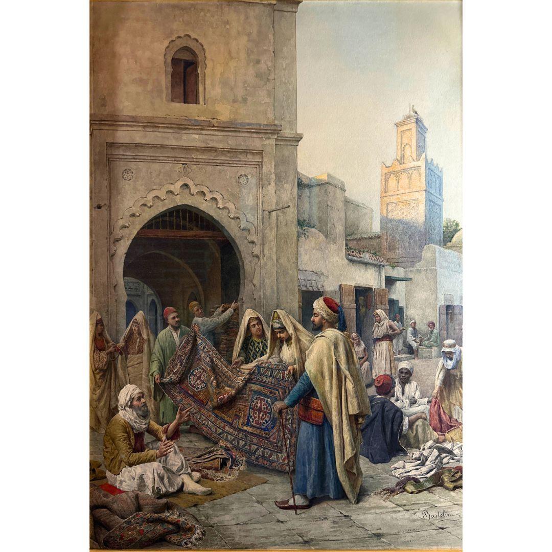 The Carpet Seller 19th Century Orientalist Antique Watercolor Painting on Paper - Art by Federico Bartolini