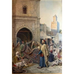 The Carpet Seller, peinture à l'aquarelle orientaliste ancienne du 19ème siècle sur papier