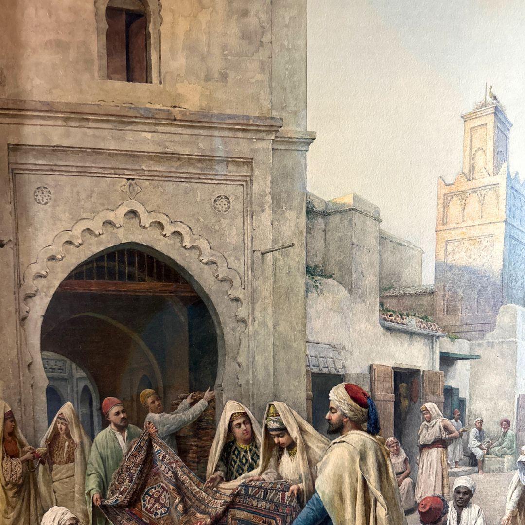 The Carpet Seller 19th Century Orientalist Antique Watercolor Painting on Paper - Academic Art by Federico Bartolini