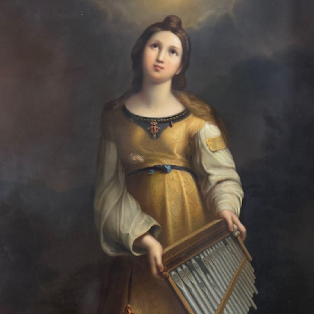 Frame Size: Hight: 30.25″ x Width: 23.40″

Frame Thickness: 5.25″

Picture Size: Hight: 21.50″ x Width: 14.50″

Immerse yourself in the divine beauty of Saint Cecilia with this extraordinary KPM Porcelain Portrait, meticulously crafted after
