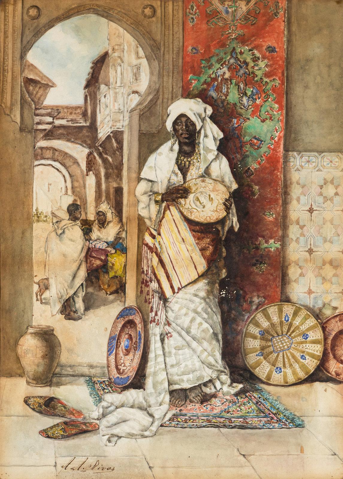 Antique 19th Century Realism Orientalist Watercolor Paper on Board - Art by Antonio Rivas