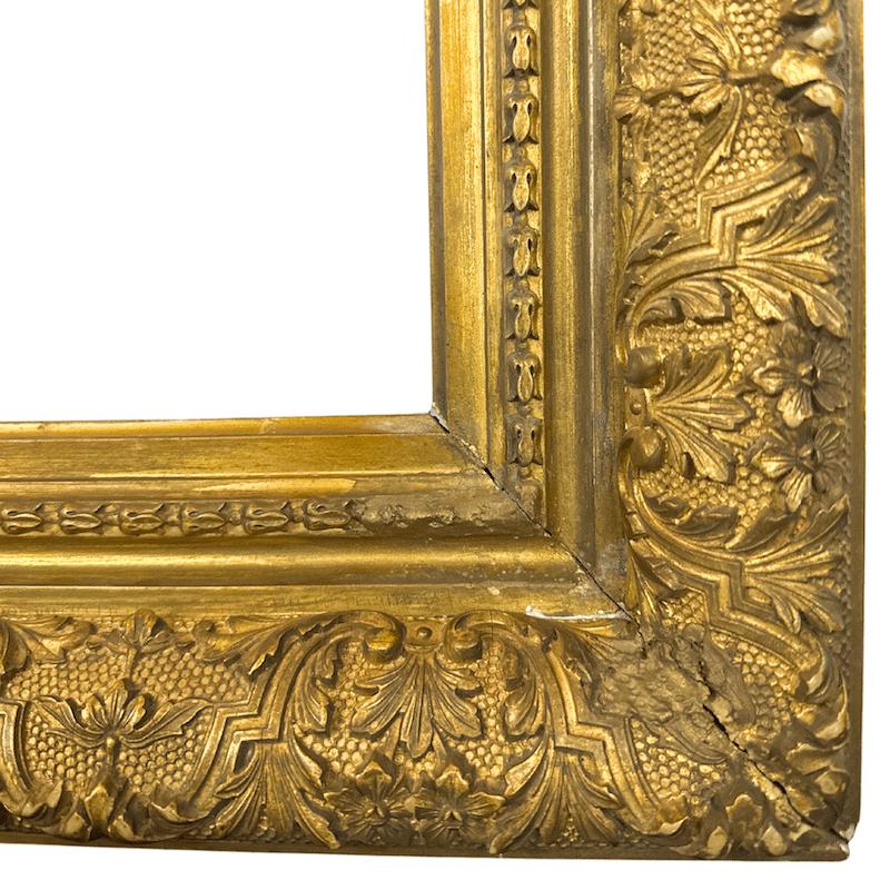 1860’s Antique American Gilt Wood Barbi Frame

Frame Size: Width: 20″ X Height: 25″

Thickness: 4″

Picture Size: Width:12″ X  Height: 17″