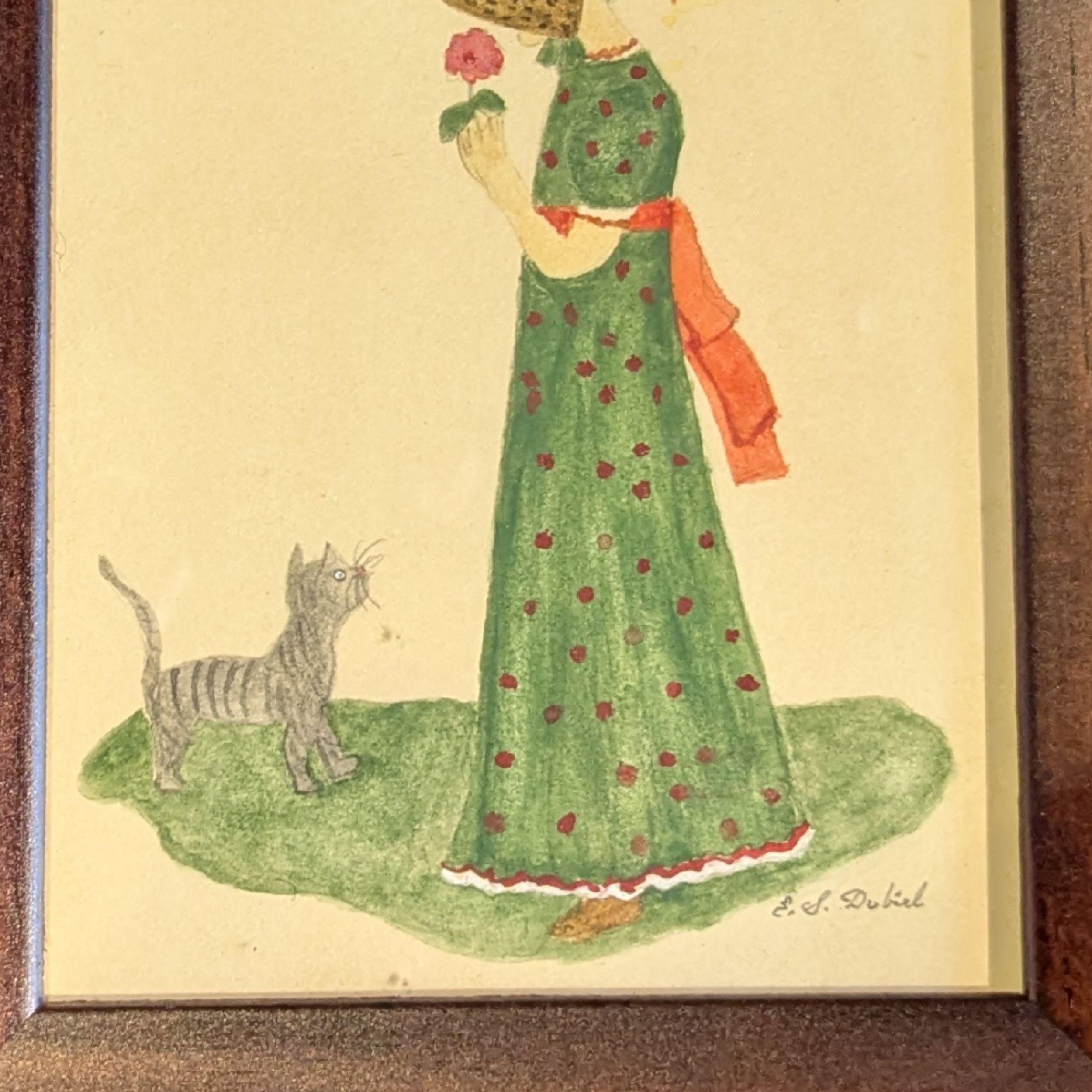 Girl with Kitten - Folk Art Art by Evelyn S. Dubiel
