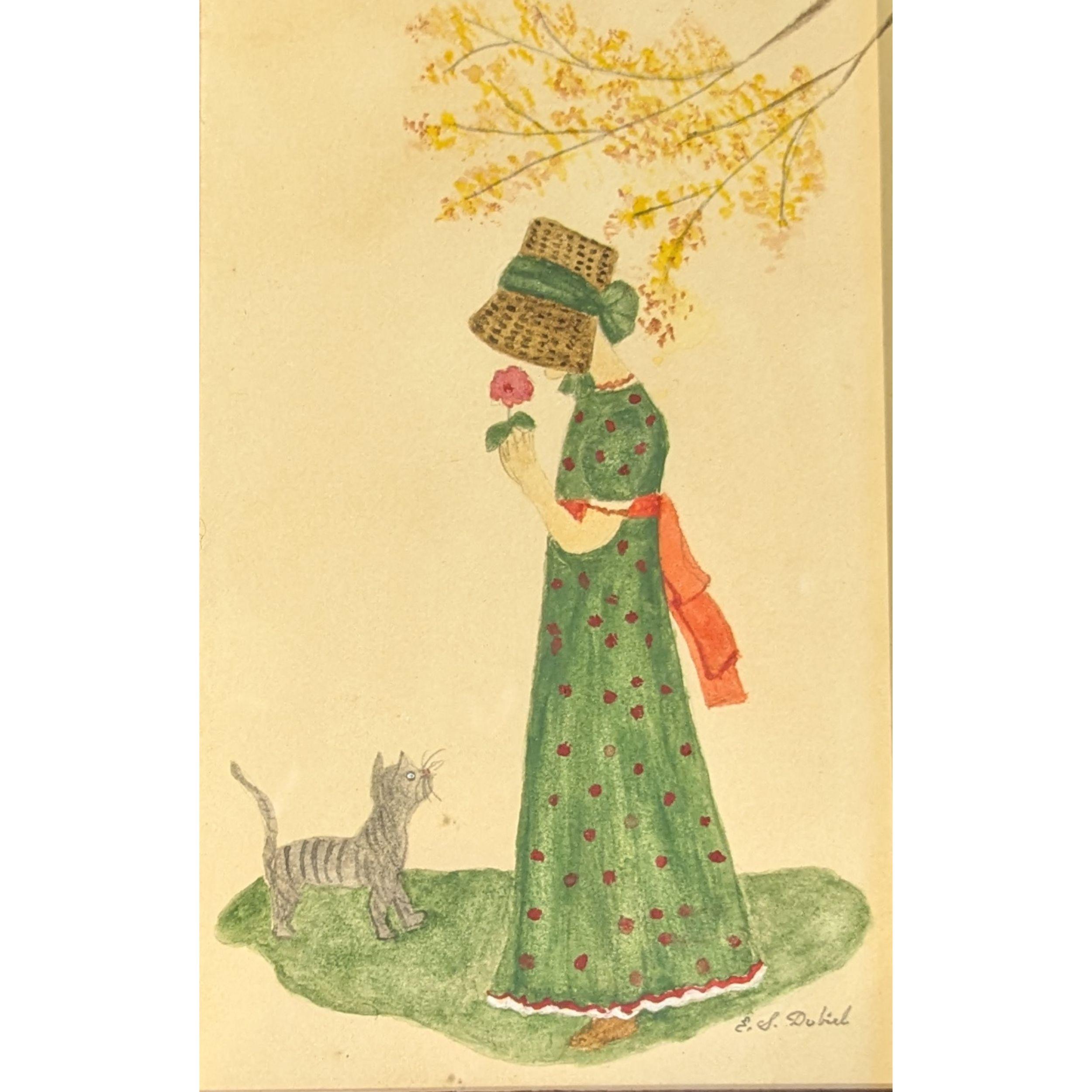 Girl with Kitten - Beige Animal Art by Evelyn S. Dubiel